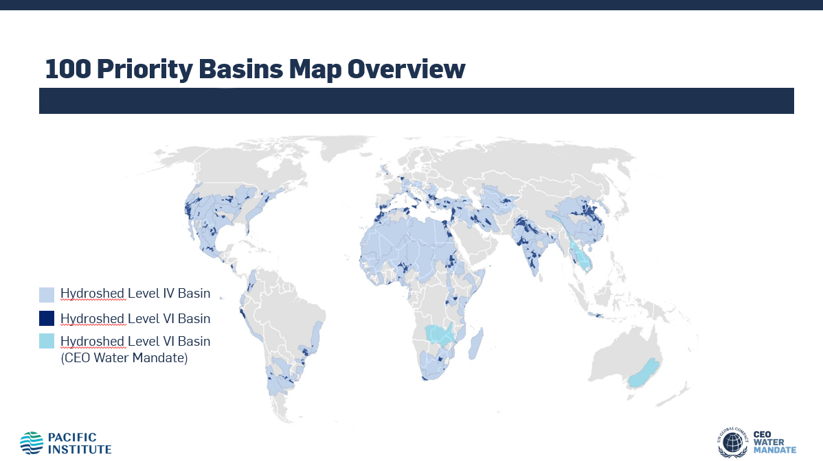 Global map depicting the areas of the 100 basins